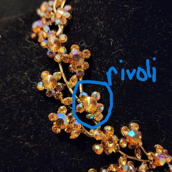 Vintage MCM Golden AB Rhinestone Flower Necklace Heavy Gold Plate Rivoli Stones - Picture 12 of 14